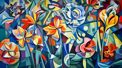 Fototapeta na wymiar Abstract flowers acrylic painting. Colorful hand painted background, cubism style