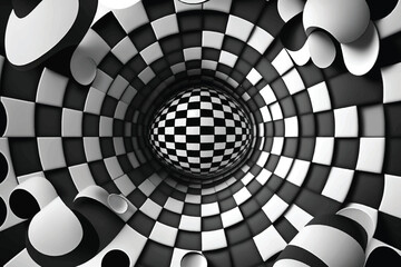 Abstract black and white checkered background. Geometric pattern with visual distortion effect. 