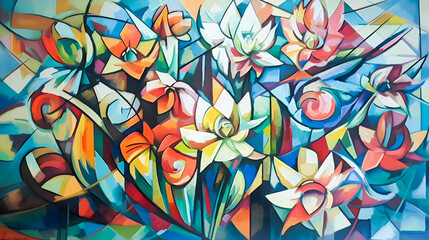 Fototapeta na wymiar Abstract flowers acrylic painting. Colorful hand painted background, cubism style