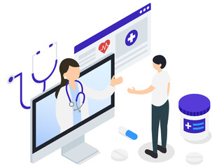 オンライン診療を受ける男性と女性医師のアイソメトリックイラスト