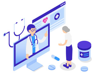 ンライン診療を受けるシニア女性と男性医師のアイソメトリックイラスト