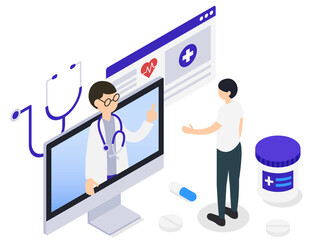 オンライン診療を受ける男性と男性医師のアイソメトリックイラスト