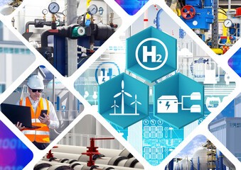 Hydrogen innovations. Use of h2 in energy sector. Man near hydrogen equipment. Fuel production from h2 gas. Fragments of hydrogen power plant. Sustainable energy industry. Eco industry