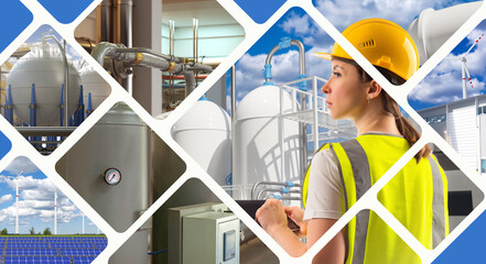 Woman industrialist. Industrial energy technologies. Girl near production equipment. Chemical...
