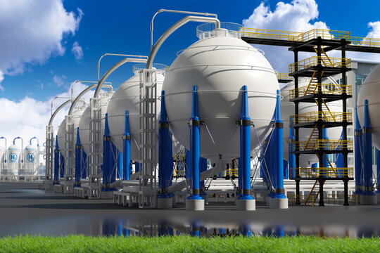 Chemical factory. Hydrogen gas storage tanks. Spherical storage for chemical products. Industrial equipment under blue sky. ASME technology. Hydrogen production. Storage h2. 3d image
