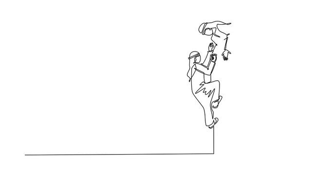 Animated self drawing of continuous line draw Arab businessman helping another climb wall. Successful leading businessman helping another one to get over brick wall. Full length one line animation