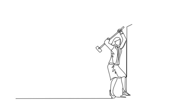 Animated self drawing of continuous line draw businesswoman breaks hitting wall with hammer. Achievement way for success. Breakthrough to goal. Leadership in business. Full length one line animation