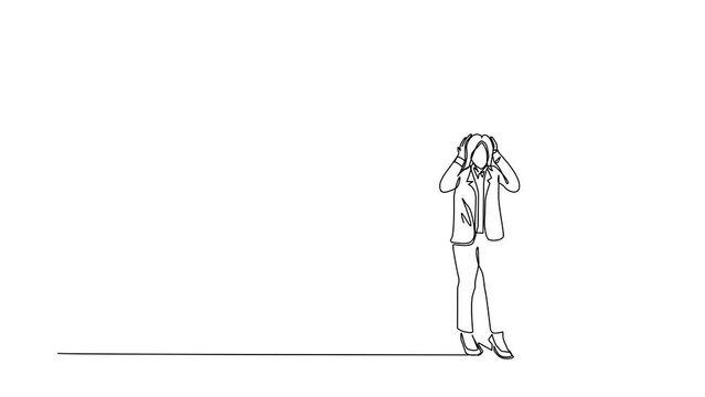Animated self drawing of continuous line draw cute businesswoman standing confused in front of huge brick wall barriers. Scene for wrong business decision, deadlock. Full length one line animation