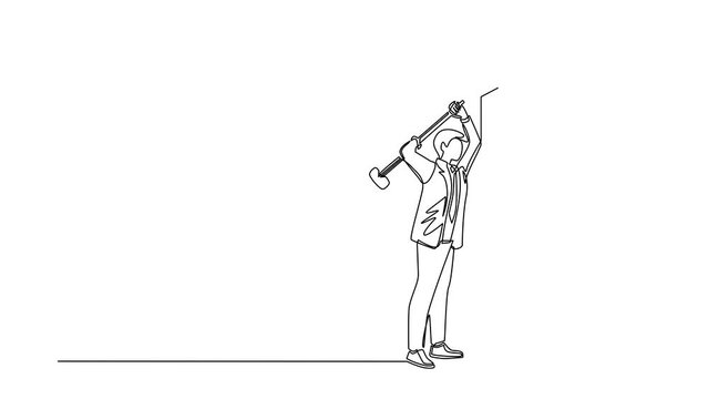 Animated self drawing of continuous line draw businessman breaks hitting wall with hammer. Achievement way for success. Breakthrough to goal. Leadership in business. Full length one line animation