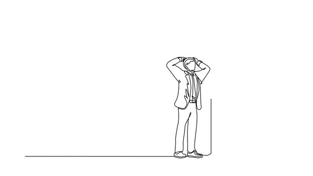 Animated self drawing of continuous line draw businessman standing confused in front of huge brick wall barriers. Scene for wrong business decision, mistake, deadlock. Full length one line animation