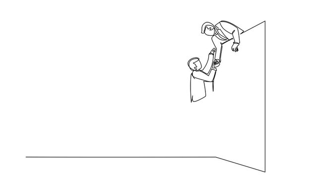 Animated self drawing of continuous one line draw businessman helping another climb wall. Successful leading businessman helping another one to get over brick wall. Full length single line animation