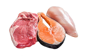 Different types of raw meat steaks Beef striploin, salmon and chicken breast.  Isolated,...