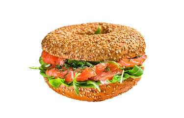 Bagels with salmon, cream, avocado and arugula.  Isolated, transparent background.
