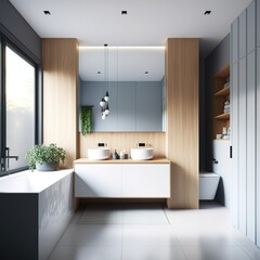 Naklejka na ściany i meble Nordic scandinavian and minimalist style bathroom interior with wooden details. generative ai