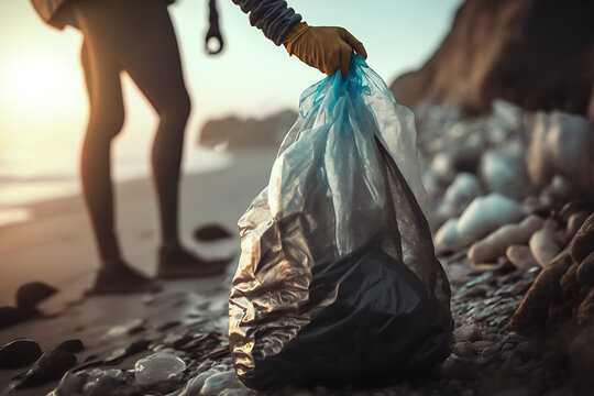 a person with gloves and a bag picking plastic from a beach , pollution concept, environmental concept, generative ai