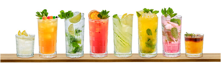 Set of cold refreshing drinks on white background