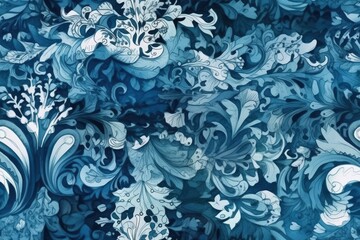 blue and white swirling leaves on a background. Generative AI