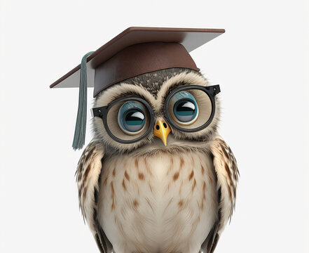 3D owl with graduation cap isolated on white background Generative AI