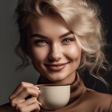 Portrait of a woman with a cup of coffee - Generated by Generative AI