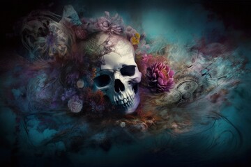 skull adorned with vibrant flowers. Generative AI