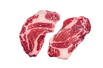 Raw chuck eye roll steaks premium beef meat.  Isolated, transparent background.