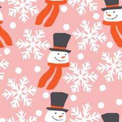 Vector seamless Christmas pattern with snowmen and snowflakes - 585736786