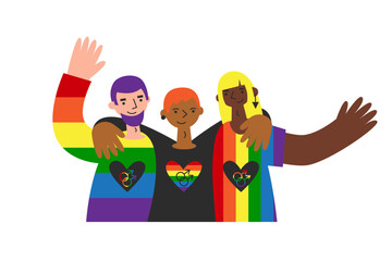 Three gay lgbt people of various skin colors stand and hug with heart in flag colors. Homosexuals together celebrate queer pride month. Minorities bipoc rights. Awareness and visibility.