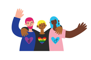 Three lgbt people stand and hug with heart in flag colors and symbols. Gay, bisexual and transgender together celebrate pride month.
