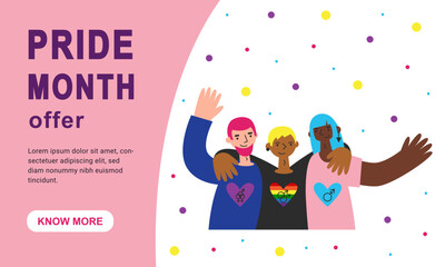 Pride month landing page and banner. Three lgbt people of various skin colors stand and hug with heart in flag colors. Bipoc gay, bisexual and transgender together celebrate.