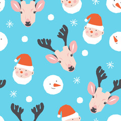 Vector seamless Christmas pattern with snowmen and Santa deers and elves