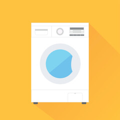 Washing machine, white on yellow background with shadow, flat style vector illustration