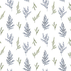 Fototapeta na wymiar Simple watercolor pattern with twigs and leaves. Background with green floral designs. For wrapping paper, textile, wallpapers, postcards, greeting cards, wedding invitations, romantic events