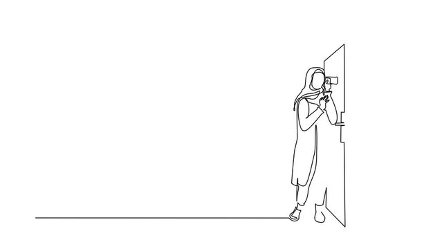 Self drawing animation of single line draw Arabian woman eavesdropping at door. Curious businesswoman listening to conversation. Privacy violation concept. Continuous line draw. Full length animated