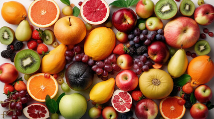 Fototapeta na wymiar Fruit mix, abstract fruit background. View from above.