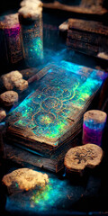 Obraz na płótnie Canvas Fractal glowing runes within an open ancient book of magic Generative AI