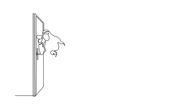 Self drawing animation of single line draw Arabian man eavesdropping at the door. Curious businessman listening to conversation. Privacy violation concept. Continuous line draw. Full length animated