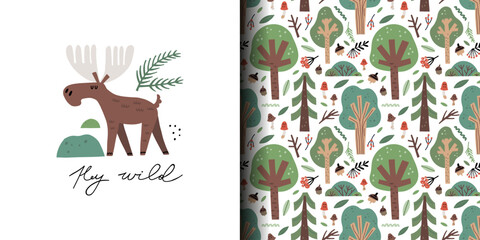 Forest print and pattern. Cute elk and green trees. Cartoon childish print, scandinavian design. Decor textile wrapping paper, nursery wallpaper. Doodle drawing, woodland vector seamless background