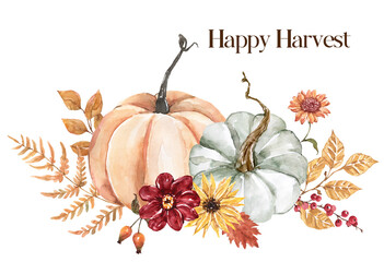 Floral arrangement with pumpkins. Watercolor clipart. Hand-painted orange and blue gourds with autumn foliage, seasonal flowers, and berries. Fall bouquet illustration. PNG clipart. - 585738755
