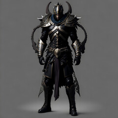 Fantasy concept art, Illustration of knight in armor holding sword isolated on black. Ai