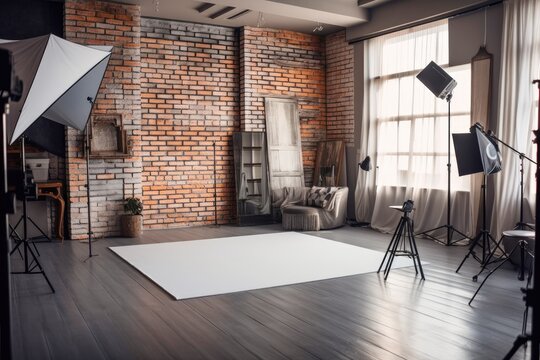 Vintage wooden floor and brick backdrop for photography shoots Generative AI Illustration