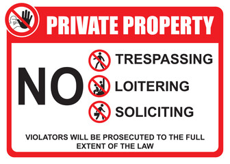 Private property no trespassing loitering soliciting - obrazy, fototapety, plakaty