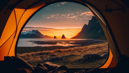 Fototapeta na wymiar View from the tent on nature and the sunset. Generative AI