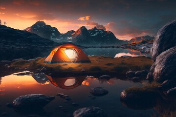 Fototapeta na wymiar Evening summer camping, landscape on background. Generative AI