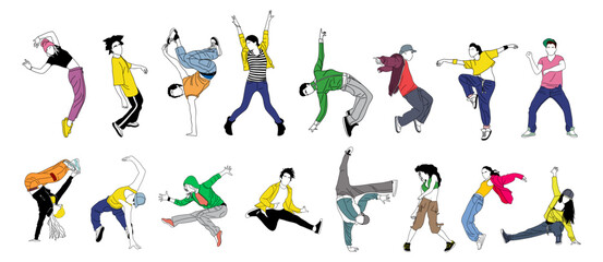 Fototapeta na wymiar Set of teenager dancers hip hop, breakdance outline vector drawing isolated on white background. Young cool girl and boy dancing street dance in bright clothes. Korean japanese asian cartoon style.