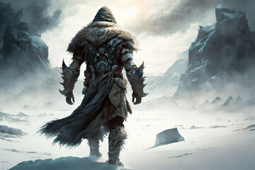 Amidst a frozen wasteland, warrior treks through the snow and ice, his heavy fur coat protecting him from the harsh elements. vast icy landscape and the rugged, isolated figure of the warrior. Ai