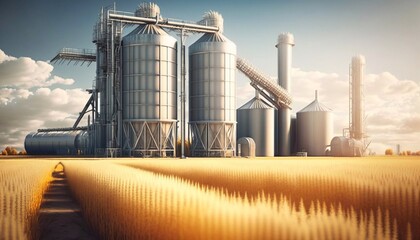 Obraz premium Modern Granary elevator for storage of wheat, agricultural products, flour, cereals and grain. Generative AI