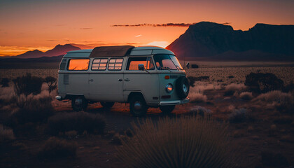 Van car camper at sunset. Generative AI