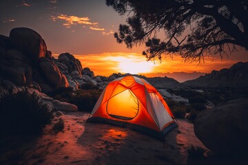 Evening summer camping, landscape on background. Generative AI