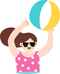 A woman wear a polka dots bikini that play the beach ball in the sea