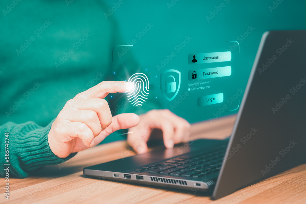 Poster Adult man login with fingerprint scanning technology in the computer laptop. Secure encryption and access to the user's private information to access the internet.
